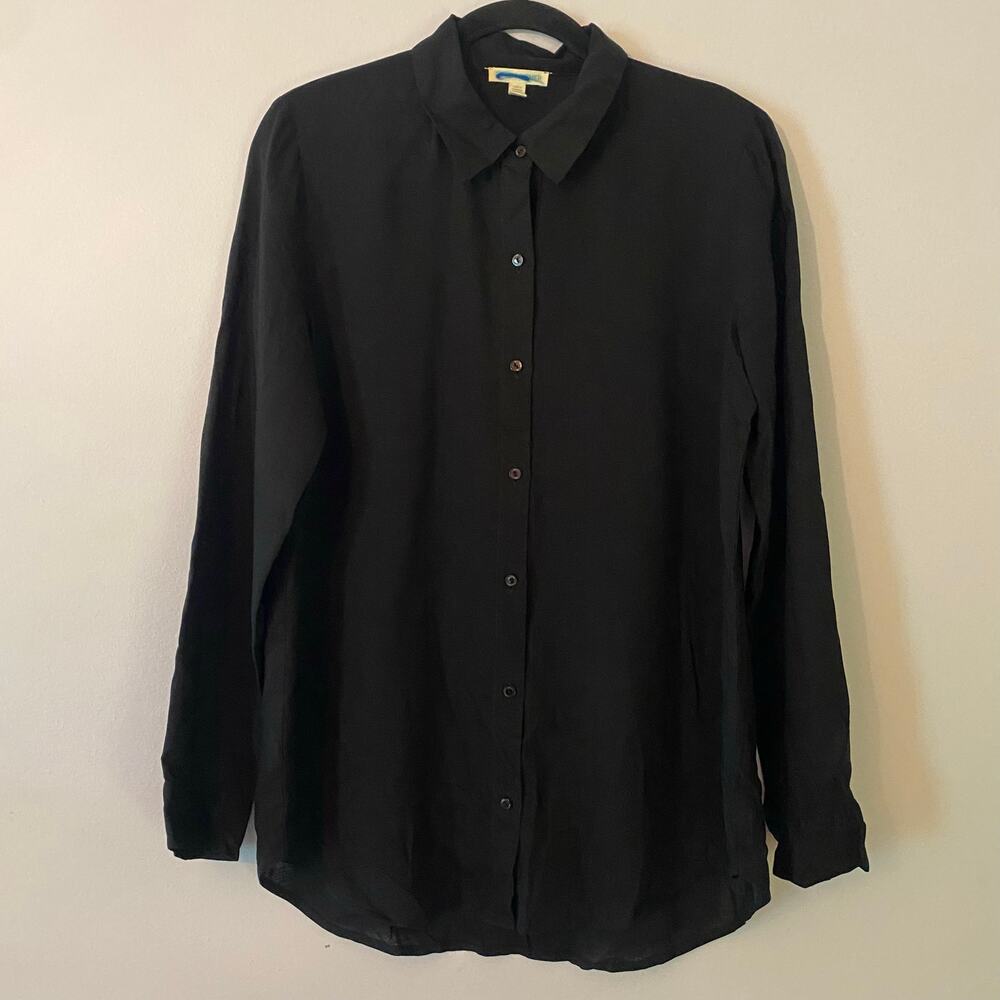 Eileen Fisher Black Button Down Shirt Preppy Minimalist Lightweight Women Small